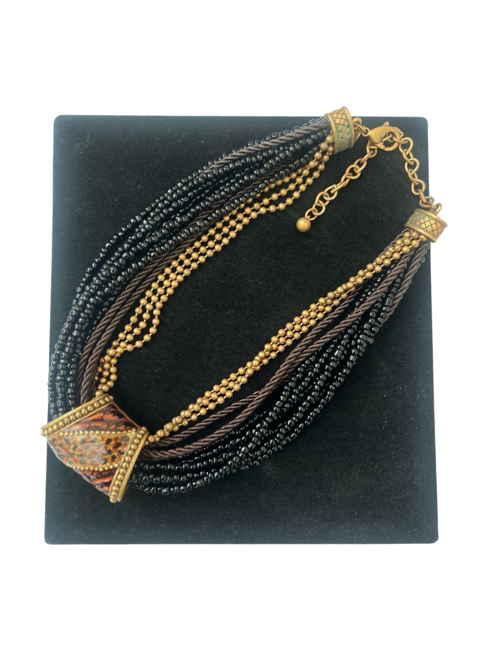 Chico’s Multi Strand Statement Necklace Black Brown Gold Tone Beaded Boho